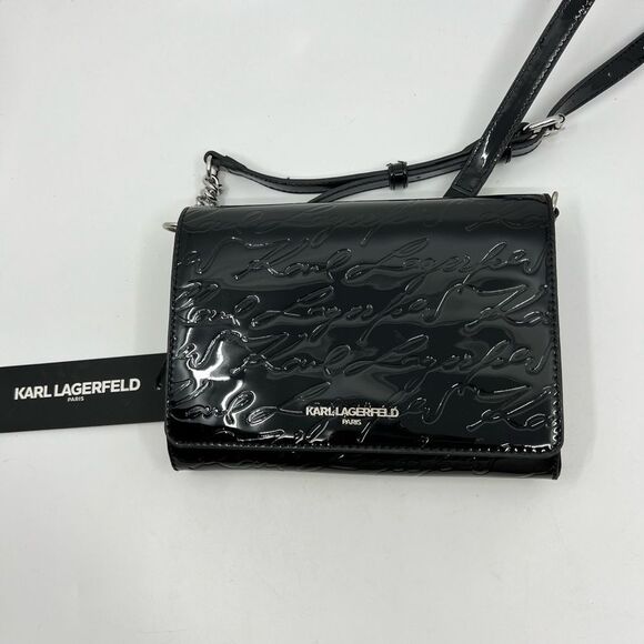 Karl Lagerfeld NWT Black Patent Vegan Leather Crossbody Bag Silver Tone Hardware - Picture 1 of 16